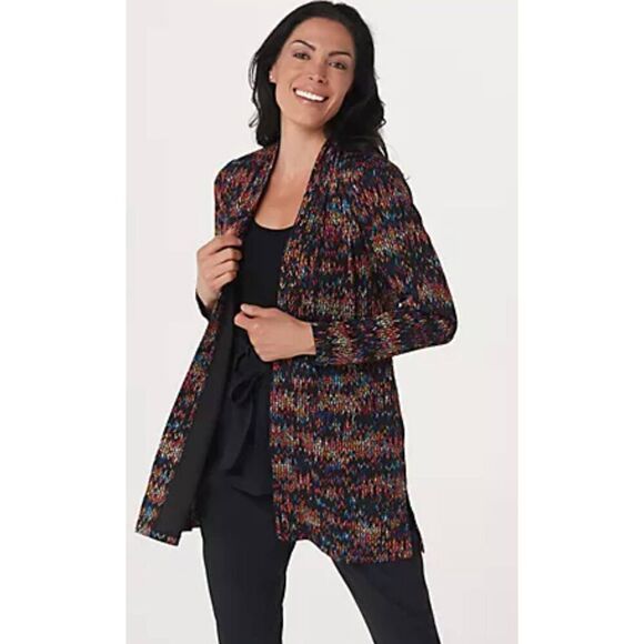 Susan Graver 3X Regular Printed Open Front Cardigan Black Red Novelty Knit NWT - Picture 1 of 4
